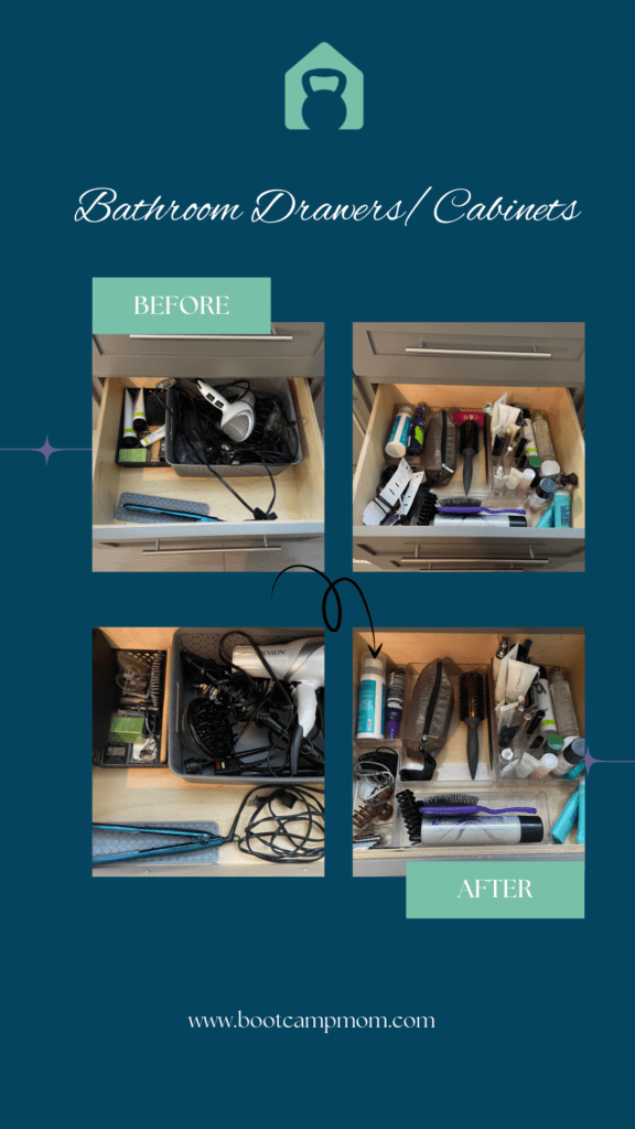 Before and After of decluttering your bathroom drawers and cabinets.