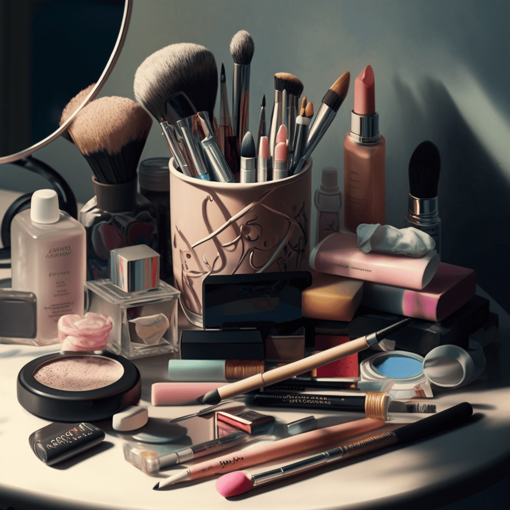 Brushes and makeup cluttered on a countertop